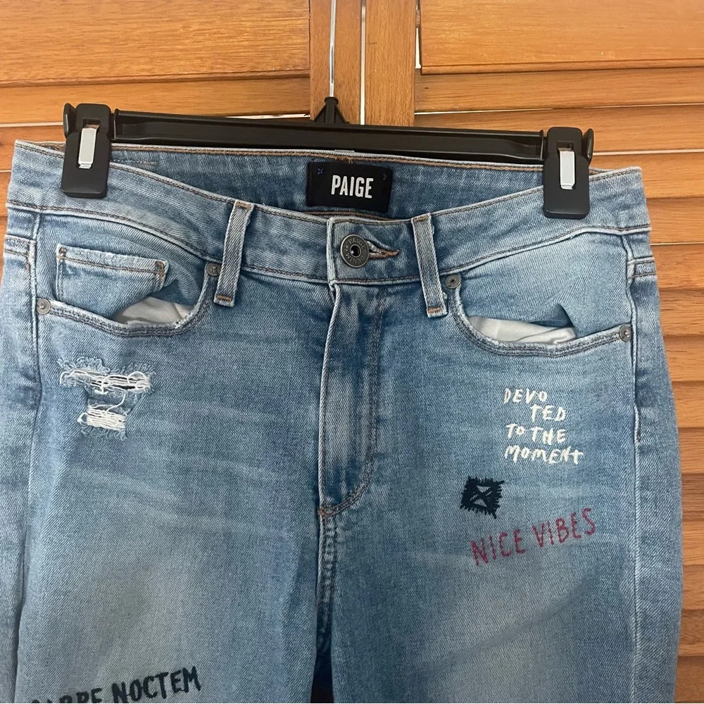 Paige Hoxton Ankle Caprice Embroidery Vintage 90s Punk Blue Ripped Jeans Sz 29 - Picture 3 of 9